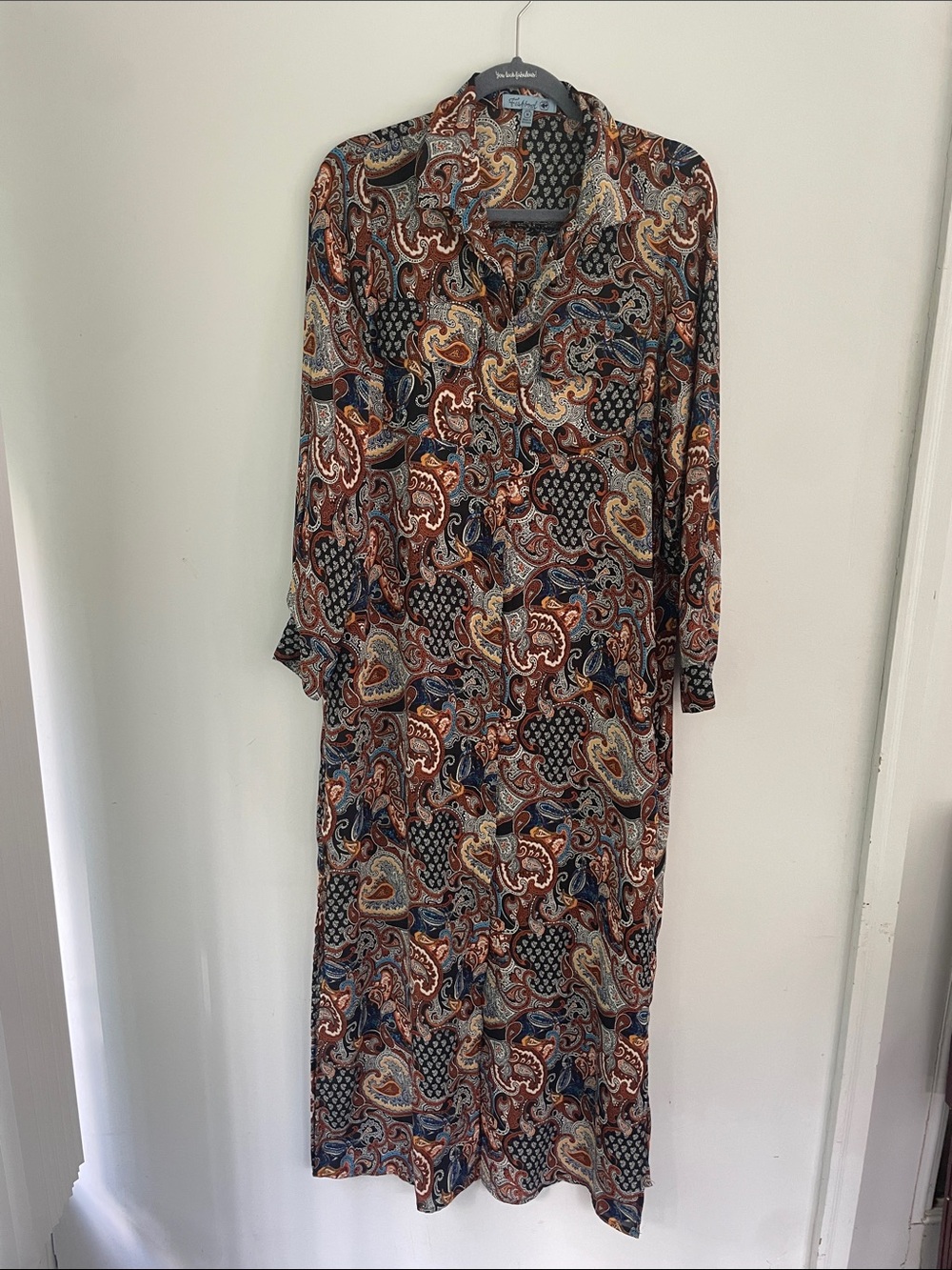 Fishbowl Women’s Brown Blue Paisley Button-Front Long Dress in Multi-Color M
